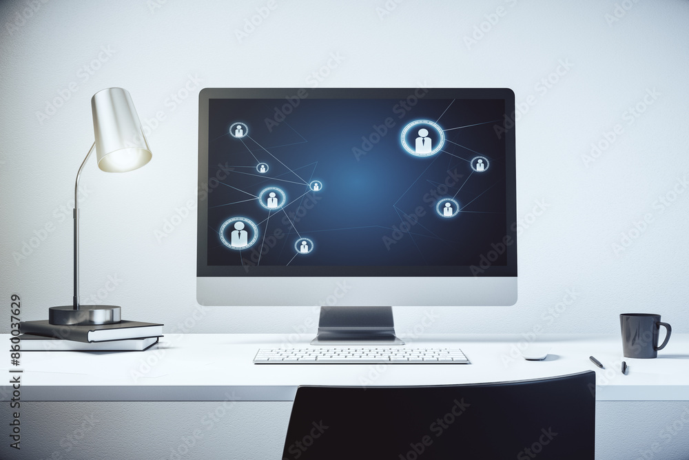 Poster Modern computer screen with social network media concept. 3D Rendering