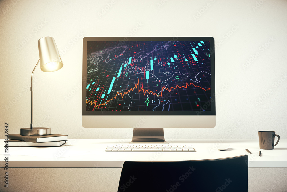 Aufkleber Modern computer monitor with abstract creative financial chart with world map, research and strategy concept. 3D Rendering