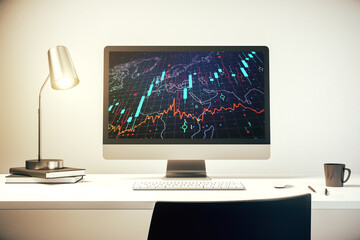 Modern computer monitor with abstract creative financial chart with world map, research and strategy concept. 3D Rendering