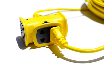 Yellow extension electric cable reel on white background.