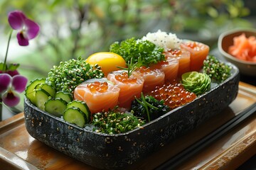 Fresh Sushi Platter with Variety of Fish, Vegetables, and Rice for Gourmet Dining