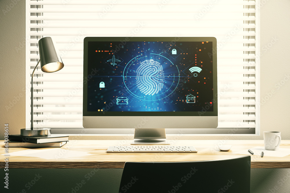 Leinwandbilder Computer monitor with abstract fingerprint scan interface, digital access concept. 3D Rendering