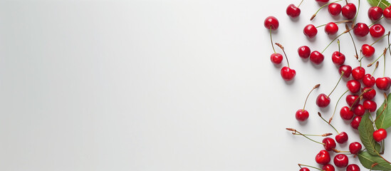Fresh sweet red cherries on white blank plain background simplistic minimal edge banner crisp healthy summer fruit food 90s trendy health harvest mockup fresh farmers market shop recipe campaign    