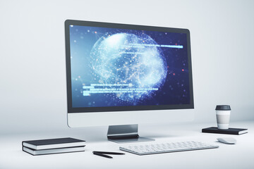 Modern computer display with abstract software development hologram and world map, global research and analytics concept. 3D Rendering