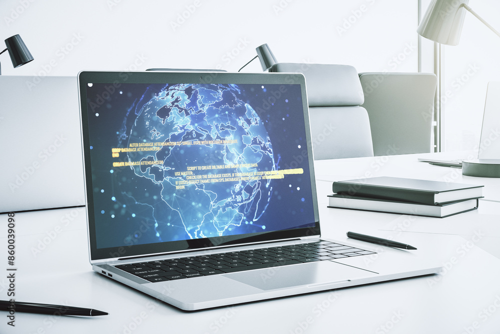 Leinwandbilder modern computer screen with abstract creative coding sketch and world map, artificial intelligence a