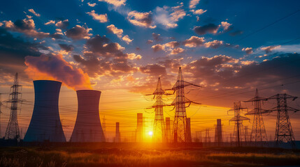 Electricity distribution station and high voltage electric transmission tower with power lines and transformers.
