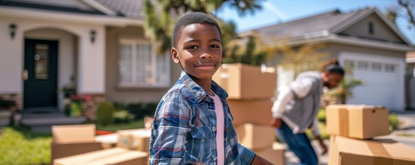 Happy black family unloading moving boxes from a moving van into their new home.