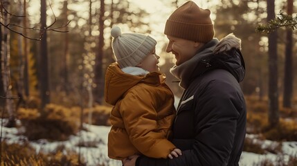 A cute baby and family in a minimalistic Scandinavian forest, soft natural colors, ultra HD quality