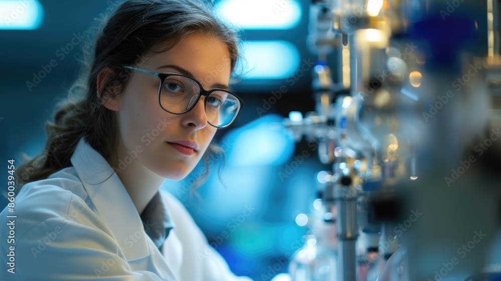Poster an engineer is conducting experiments in a science lab, wearing a lab coat. aig41