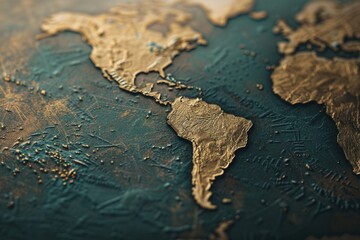 Fototapeta premium A close-up shot of a golden globe with embossed continents, showcasing a minimalist design ideal for travel agencies and global travel companies. Generative AI