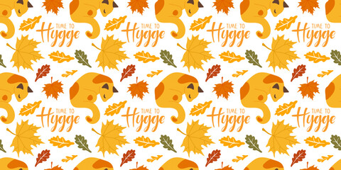 Autumn seamless pattern. Time to Hygge text, sleeping cat, red leaves. Autumn cute and cozy design repeated element. Autumn vector illustration for wallpaper, wrapping, textile, scrapbooking