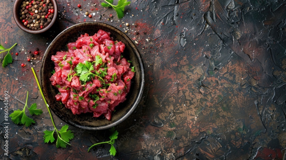 Poster fresh and delicious minced beef on rustic table top view with copy space