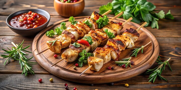 Grilled chicken skewers with a variety of seasonings and herbs on a wooden platter, grilled, chicken, skewers, seasonings, herbs