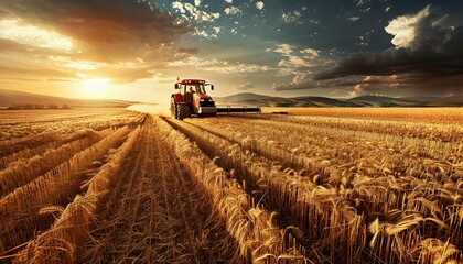 Fototapeta premium Harvesting Wheat Field Under Dramatic Sunset