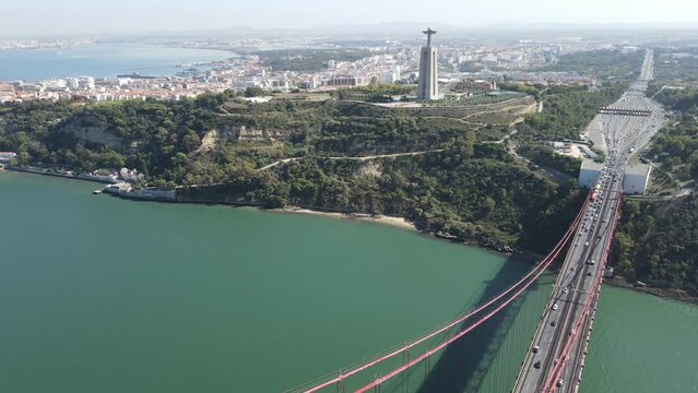 Ponte 25 de Avril Bridge, Christ the King statue, Alameda, Tagus River, Lisbon, Portugal