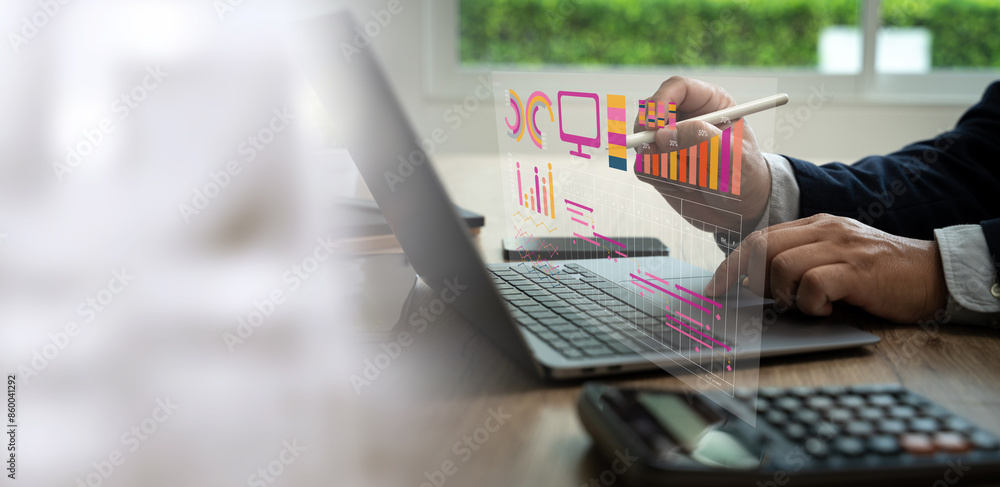 Poster accounting computer data and graphs in computer for online analysis business man accounting