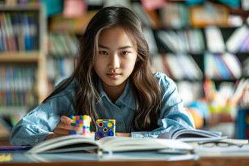 Teenage girl learning at desk. Fidget cubes and toys displayed as essential tools for neurodiverse teenage students, promoting concentration and tranquility in educational settings.
