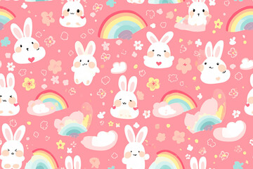 A cute seamless pattern with white bunnies and rainbows on a pink background, creating an adorable tile ornament perfect for children's decoration and playful design concepts