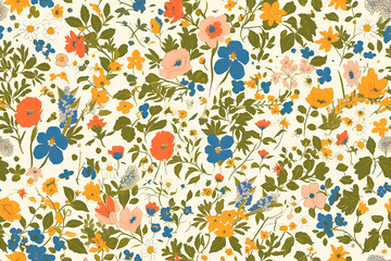 A vibrant seamless pattern featuring colorful wildflowers and foliage. The tile design is ideal for lively and cheerful decorations.