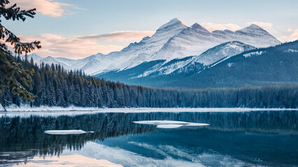 lake in mountains, A serene lake with a mountain in the background. The reflection of the mountain in the water creates a peaceful and calming atmosphere.
