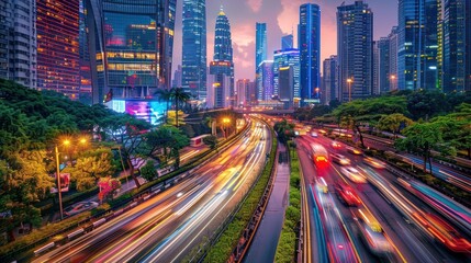 Fototapeta premium Cityscape with Traffic Light Trails at Dusk