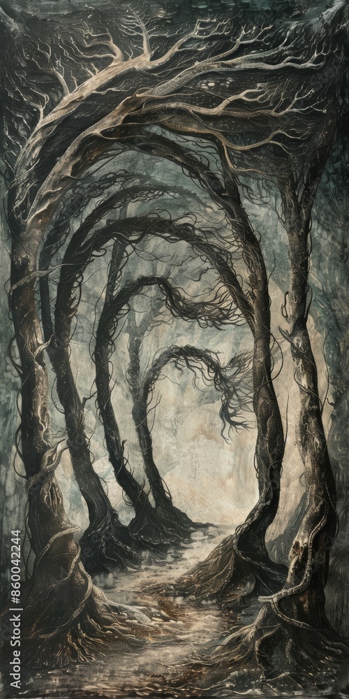 Poster eerie forest border with twisted trees and howling winds