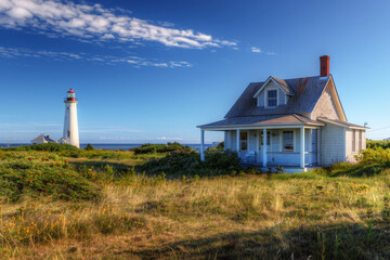 Keeper's quarters with lighthouse standing tall in the background. Sunny calm day