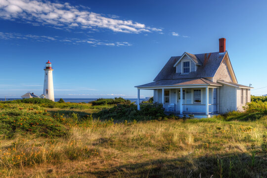 Keeper's quarters with lighthouse standing tall in the background. Sunny calm day - Powered by Adobe