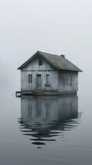 Fototapeta premium an old white house with a dark roof on the lake. The house is reflected in calm water, cold dim lighting, light gray sky