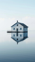 Obraz premium an old white house with a dark roof on the lake. The house is reflected in calm water, cold lighting, bright blue sky