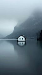 Fototapeta premium an old white house with a dark roof on the lake. The house is reflected in the calm water, cold dim lighting. Dark mountains in the background