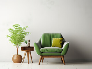 Fototapeta premium Eyecatching Modern interior room with nice furniture with leather armchair on empty white wall