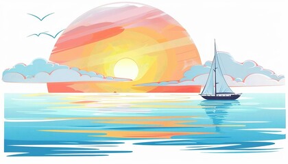 Naklejka premium A cute cartoon Style ofA beautiful sunset over a calm ocean with a sailboat