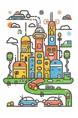 A cute cartoon Style ofA futuristic cityscape with autonomous electric cars