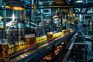 Fototapeta premium Beer bottles on a conveyor belt in a brewery.