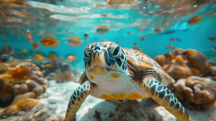 Fototapeta premium A vibrant underwater scene featuring a sea turtle swimming gracefully among colorful coral reefs, surrounded by various small fish, capturing the essence of marine life.