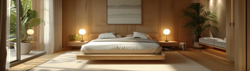 Fototapeta premium Modern minimalist bedroom with wooden decor, large bed, cozy lighting, and natural light from floor-to-ceiling windows. Tranquil and stylish design.