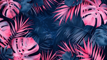Naklejka premium Jungle pink leaves isolated on blue 