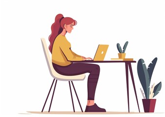 Woman Working on Laptop in Home Office - Illustrative Style