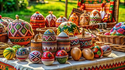 Fototapeta premium Traditional Ukrainian souvenirs on display at a festival embroidered clothing, pysanka eggs, pottery