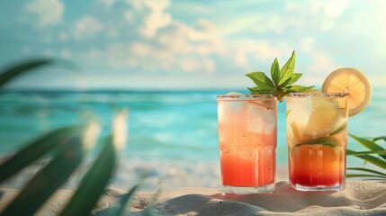 Two cocktails on a summer sea background