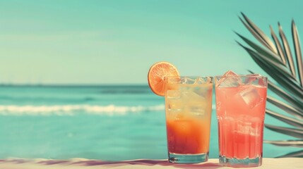 Obraz premium Two cocktails on a summer sea background