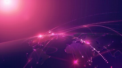 A simple globe illustration with highlighted continents on a pink and purple gradient background, featuring connected lines for a modern look. Generative AI