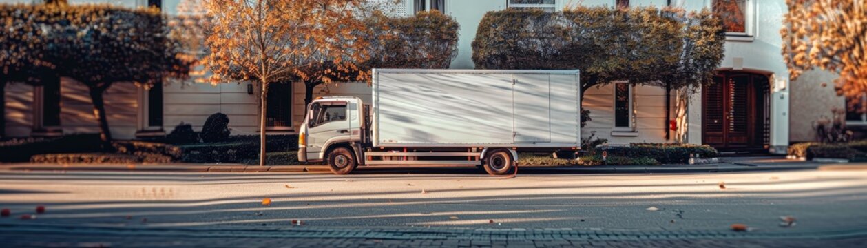 Removal truck parked outside new house, awaiting unloading on moving day.
