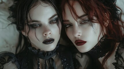 Obraz premium Two women dressed in gothic attire with dark smoky makeup, exuding an aura of mystery and intensity, portraying a sense of elegance and powerful feminine allure.