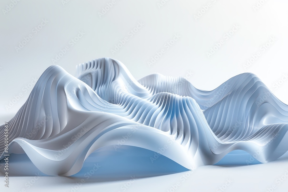Poster abstract 3d rendering of white wavy surface with rhythmic patterns, resembling futuristic landscape 