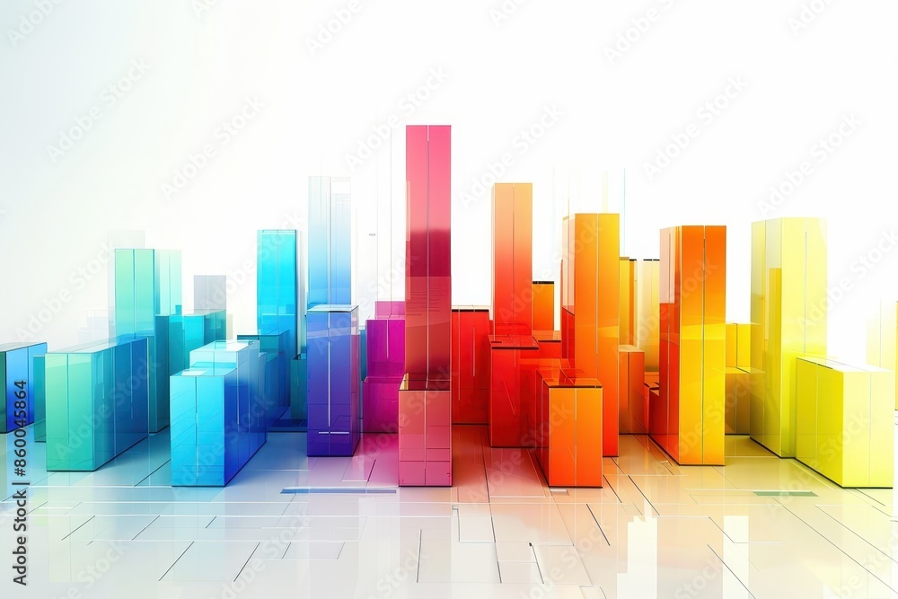 Poster abstract cityscape with colorful 3d geometric shapes against a white background, creating a modern a