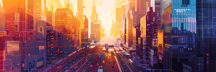 Obraz premium Dynamic Urban Cityscape: Modern Skyscrapers and Bustling Streets in a Vibrant Digital Illustration