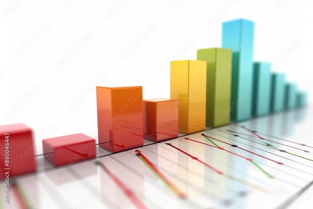 Poster colorful 3d bar chart showing data analysis and business growth, with blurred background highlightin