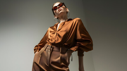 Portrait of a stylish fashion model girl posing in a designer brown blouse and wide leg pants Gray background Stylish sunglasses Haute couture collection : Generative AI
